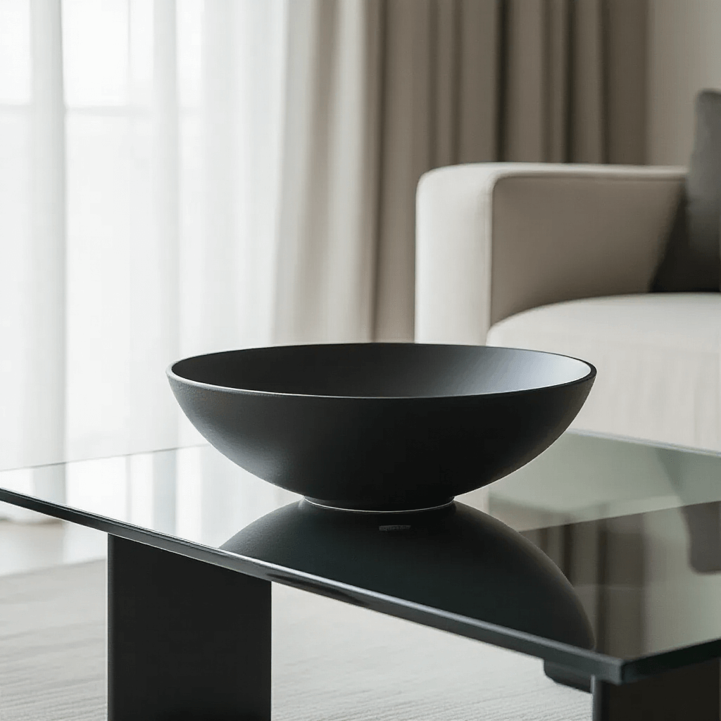 Styling Your Glass Coffee Table: A Complete Decorating Guide Minimalist glass coffee table in modern apartment featuring a large matte black ceramic bowl positioned off-center, with a monochromatic palette and 60% clear surface emphasizing simplicity and clean geometric lines.