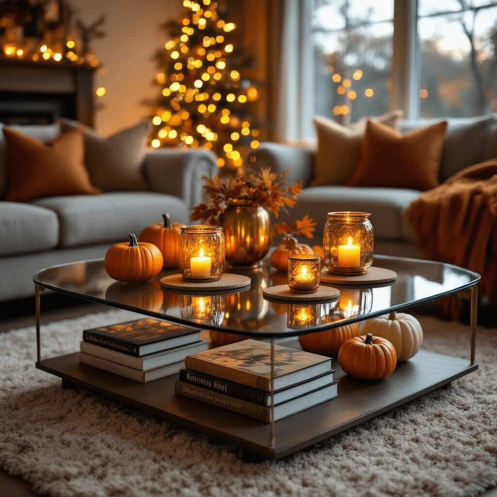 Styling Your Glass Coffee Table: A Complete Decorating Guide A stylish living room with a glass coffee table showcasing seasonal decorations like small pumpkins and brass candleholders, illuminated by warm fairy lights in the background. The scene features autumn-themed coffee table books and amber glass vessels, complemented by burnt orange, gold, and cream accents, all set on a plush area rug.