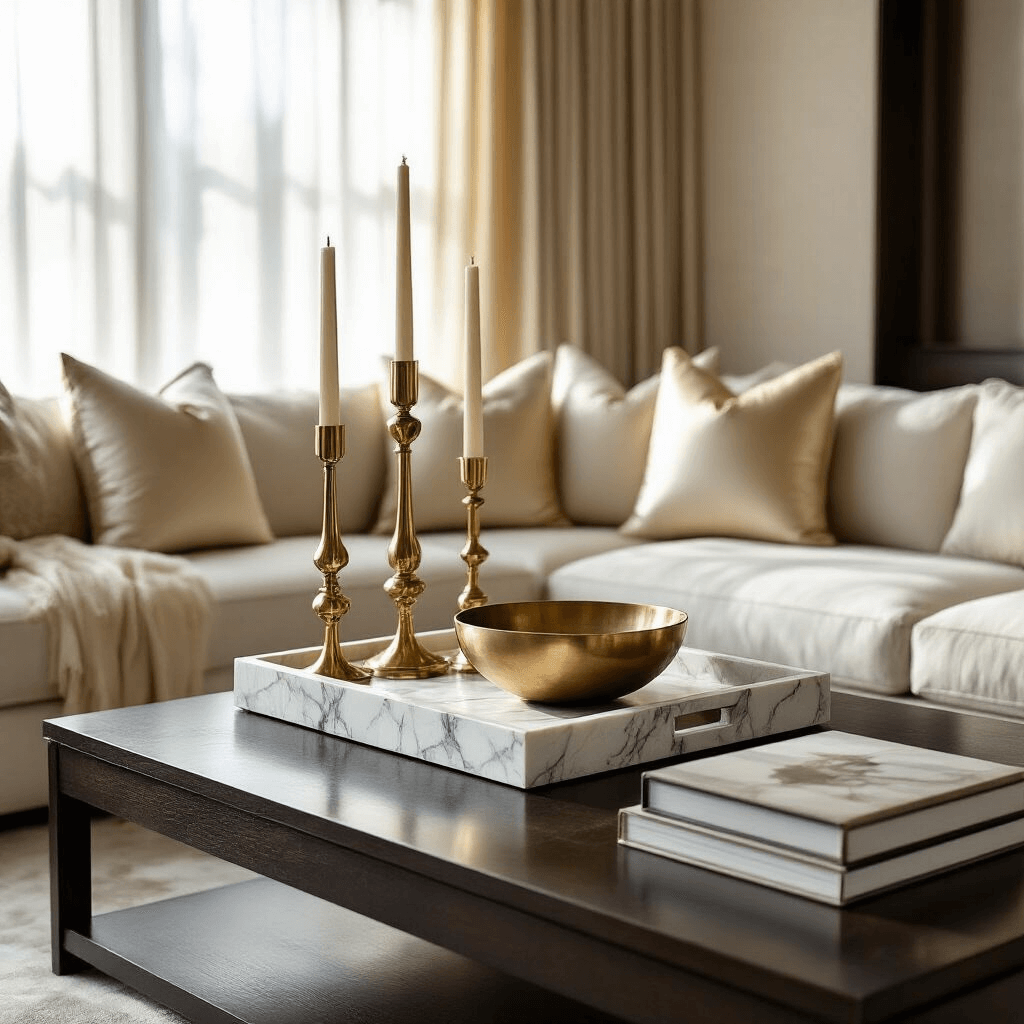 Stunning Coffee Table Centerpiece Ideas That Will Transform Your Living Room Wide-angle shot of an elegant modern living room with a marble decorative tray on a dark wood coffee table, featuring tall brass candlesticks, a ceramic bowl, and stacked coffee table books, illuminated by soft afternoon sunlight filtering through sheer curtains, with a cream and gold color palette and plush sectional sofa adorned with silk throw pillows.