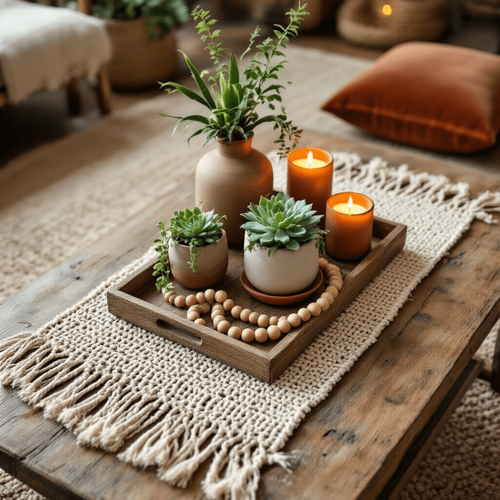 Stunning Coffee Table Centerpiece Ideas That Will Transform Your Living Room Boho-chic coffee table styled with a macramé runner, weathered wooden tray with ceramic planters of succulents, wooden bead garlands around terracotta candles, and a warm golden hour ambiance, set on a textured jute rug with velvet floor cushions.