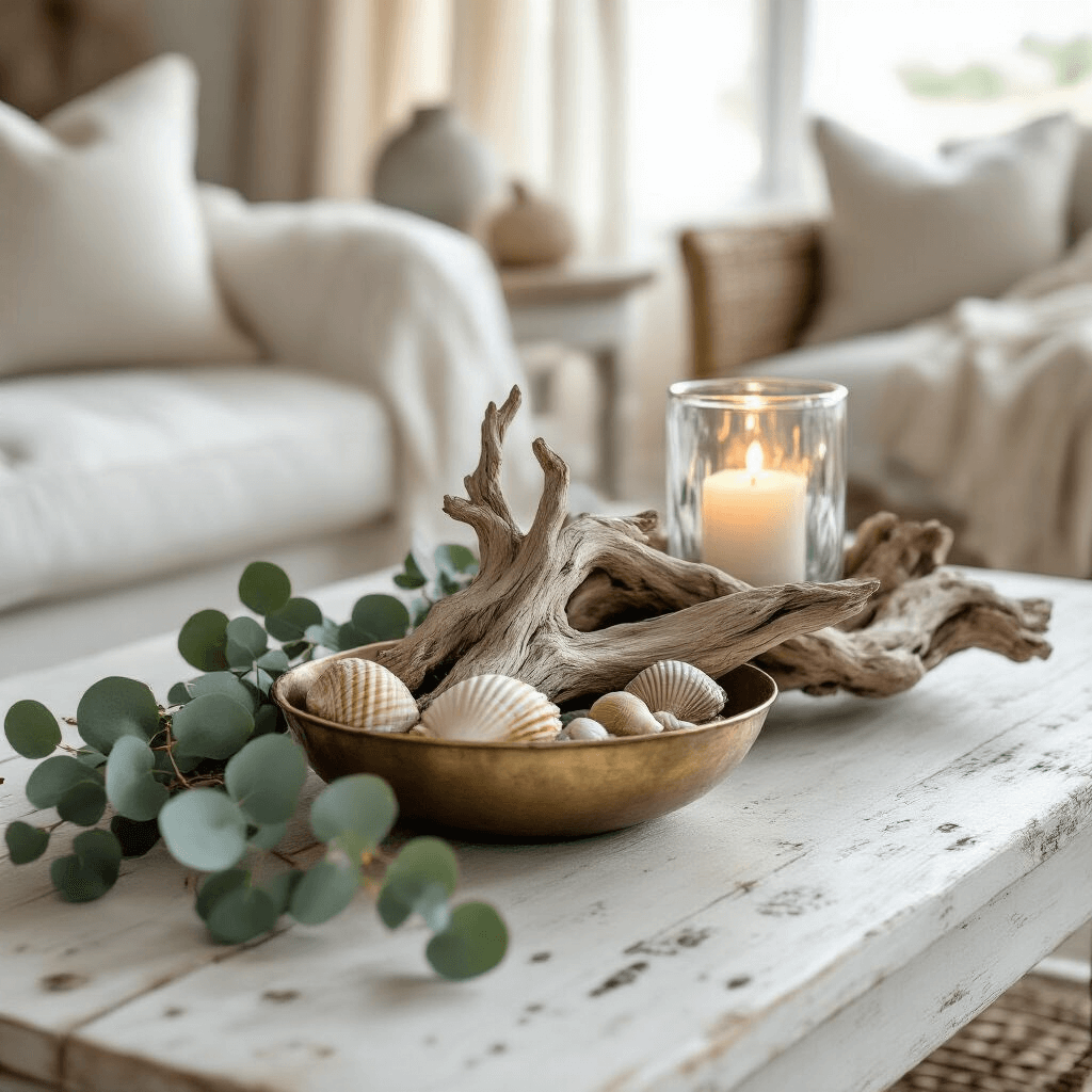 Stunning Coffee Table Centerpiece Ideas That Will Transform Your Living Room Close-up of a coastal-themed centerpiece featuring a driftwood sculpture, hurricane glass votives, and seashells in a vintage brass bowl on a whitewashed reclaimed wood coffee table, illuminated by soft morning light filtering through gauze curtains, with fresh eucalyptus sprigs and a linen sofa in a serene seaside color palette.