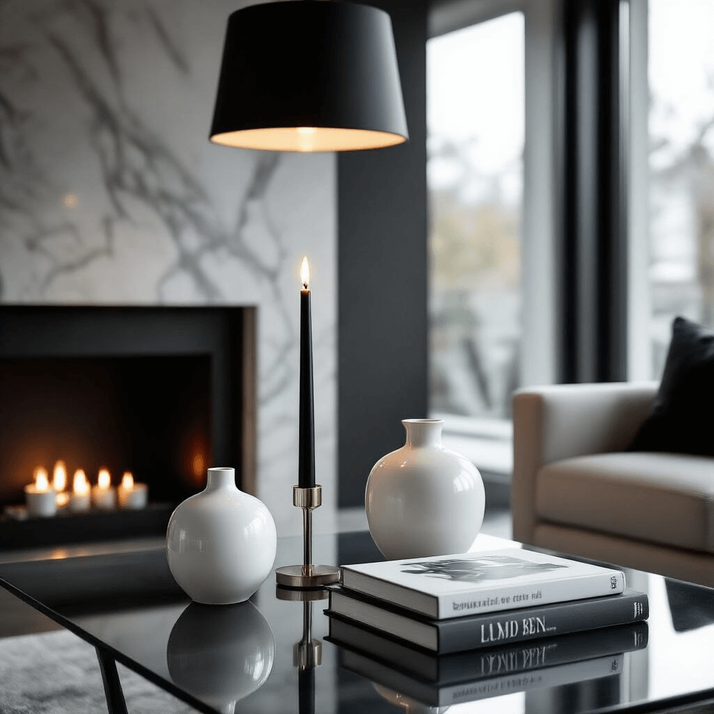 Stunning Coffee Table Centerpiece Ideas That Will Transform Your Living Room Minimalist coffee table vignette featuring white ceramic vessels, a single black taper candle, and a stack of art books on a sleek glass surface, set in a contemporary living space with moody evening lighting and dramatic shadows, accented by a marble fireplace backdrop.