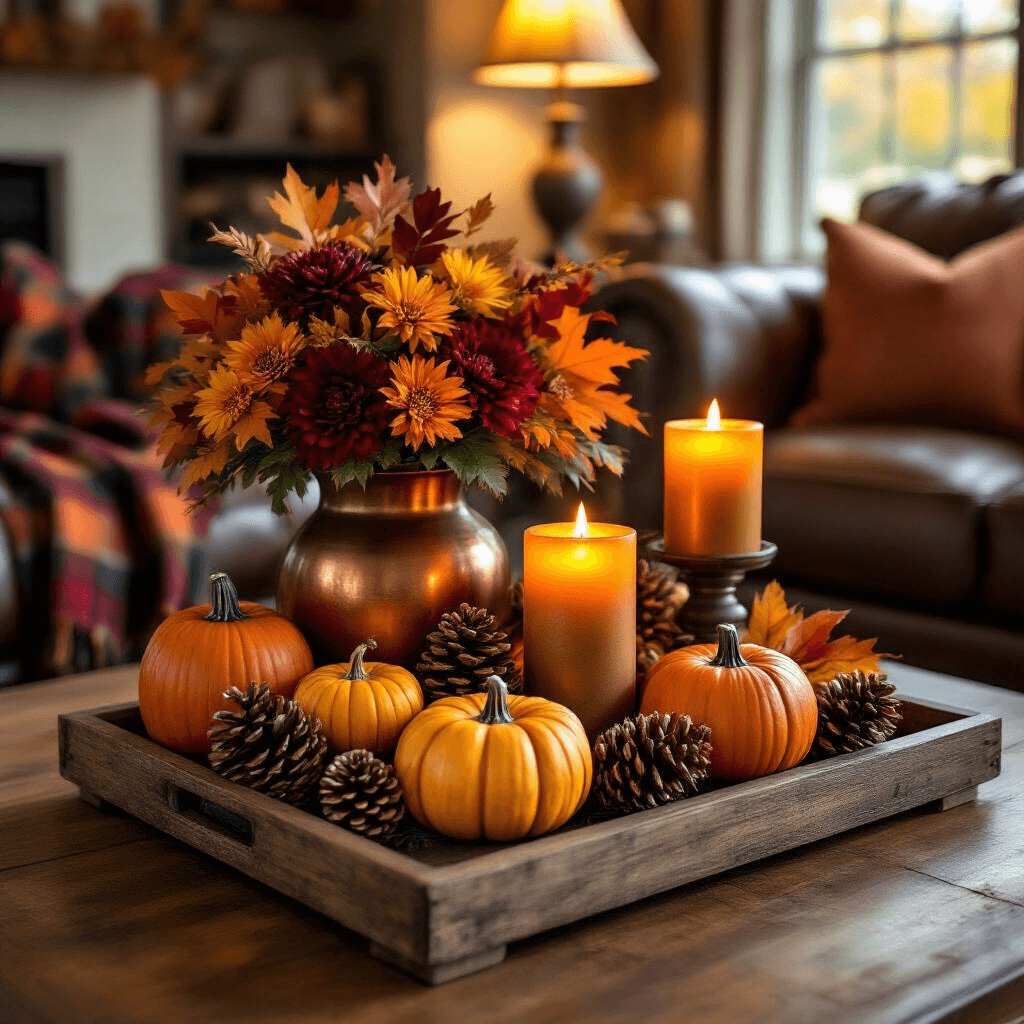 Stunning Coffee Table Centerpiece Ideas That Will Transform Your Living Room A cozy autumn living room featuring a rustic wooden tray with mini pumpkins, pinecones, amber candles, and layered foliage in a copper vessel, all illuminated by candlelight and a table lamp, set against a backdrop of plaid throw blankets and leather furniture in warm fall colors.