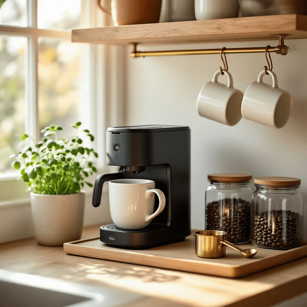 Mini Coffee Bars for Small Spaces: Smart Design Ideas That Actually Work A cozy kitchen corner featuring a minimalist wooden shelf with a black coffee maker, white mugs on brass hooks, a potted herb, and glass canisters of coffee beans, illuminated by golden morning light.