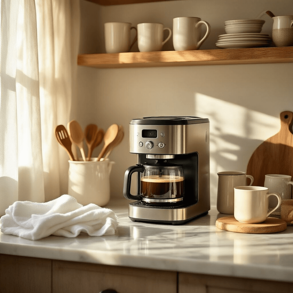 How to Clean Your Coffee Maker with Vinegar: A Comprehensive Guide A cozy kitchen scene featuring a gleaming coffee maker on marble countertops, bathed in warm golden hour sunlight. Fresh white microfiber cloths, measuring cups, and cleaning supplies are arranged around the machine, while rustic wood shelves display ceramic mugs. The color palette includes warm ivory, soft gold, and natural wood tones, creating an inviting atmosphere.