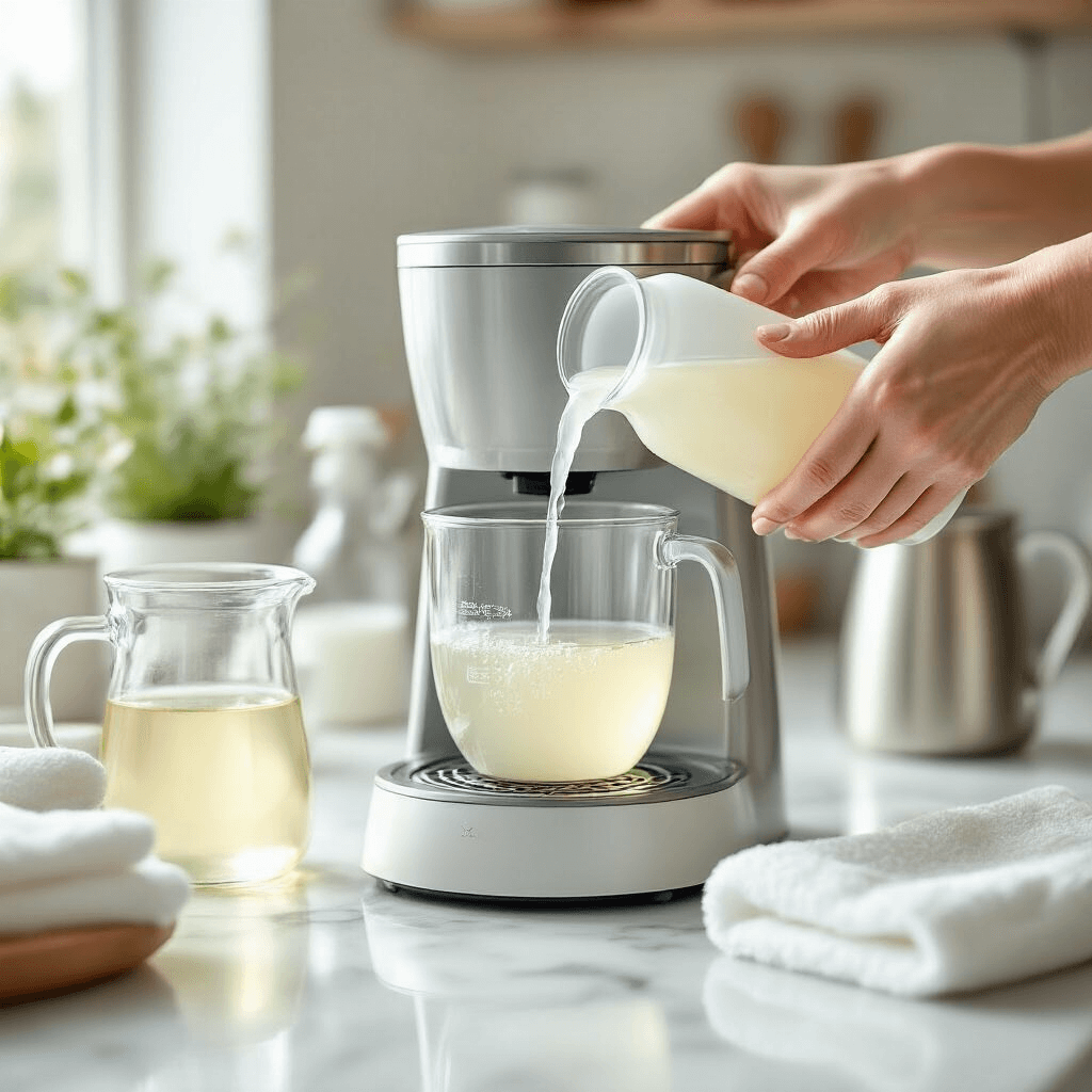 How to Clean Your Coffee Maker with Vinegar: A Comprehensive Guide Close-up of hands pouring white vinegar into a modern coffee maker on a clean marble workspace, surrounded by organized measuring cups and cleaning essentials, illuminated by soft morning light, showcasing a minimalist ivory and silver aesthetic with steam wisps.