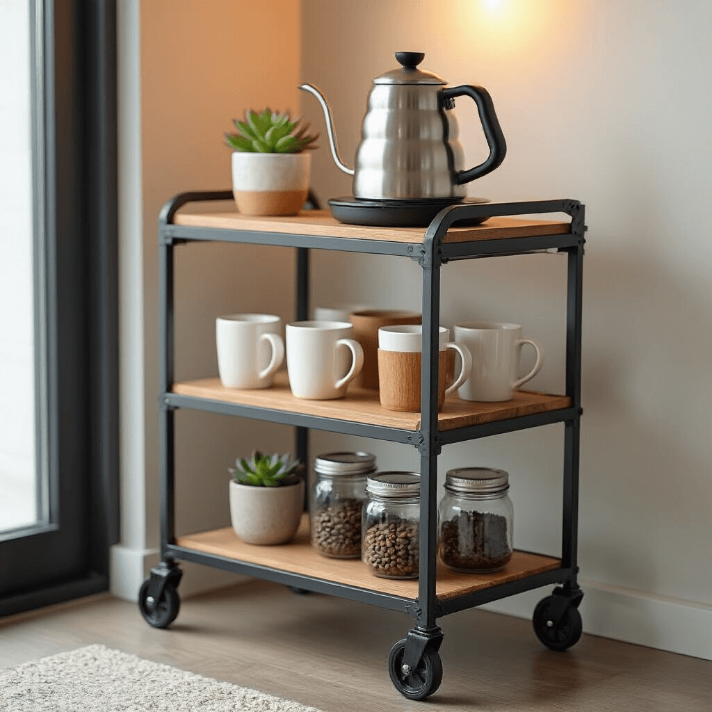 Mini Coffee Bars for Small Spaces: Smart Design Ideas That Actually Work A compact rolling coffee cart in a modern apartment corner, featuring a matte charcoal metal frame, a stainless steel pour-over setup, arranged white and wood-tone mugs, mason jars of coffee beans, and a small potted succulent, all illuminated by soft ambient lighting.