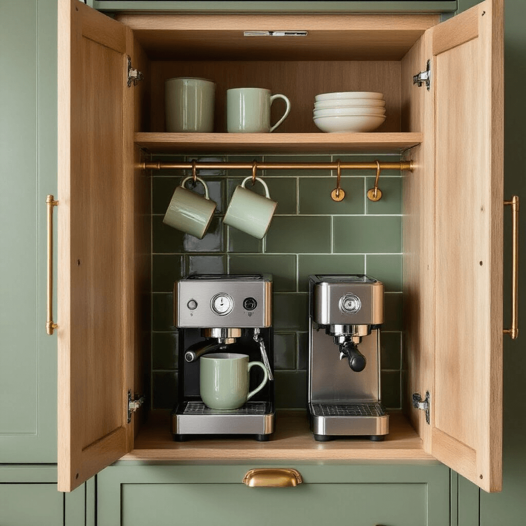Mini Coffee Bars for Small Spaces: Smart Design Ideas That Actually Work A meticulously organized cabinet coffee station featuring a lift-up door, with sage green tile, a pull-out shelf for an espresso machine, brass hooks for mugs, and hidden power strip, all illuminated by soft natural light.