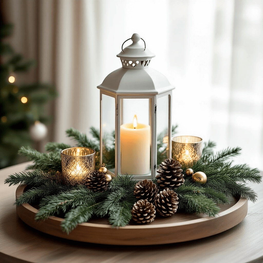 How to Transform Your Coffee Table into a Christmas Wonderland Without Losing Your Mind A beautifully styled Christmas coffee table featuring a round wooden tray, a tall white ceramic lantern with a soft glowing candle, lush greenery, cascading pine garlands, mercury glass candle holders, brass bells, and scattered pinecones, all bathed in soft morning light through sheer curtains.