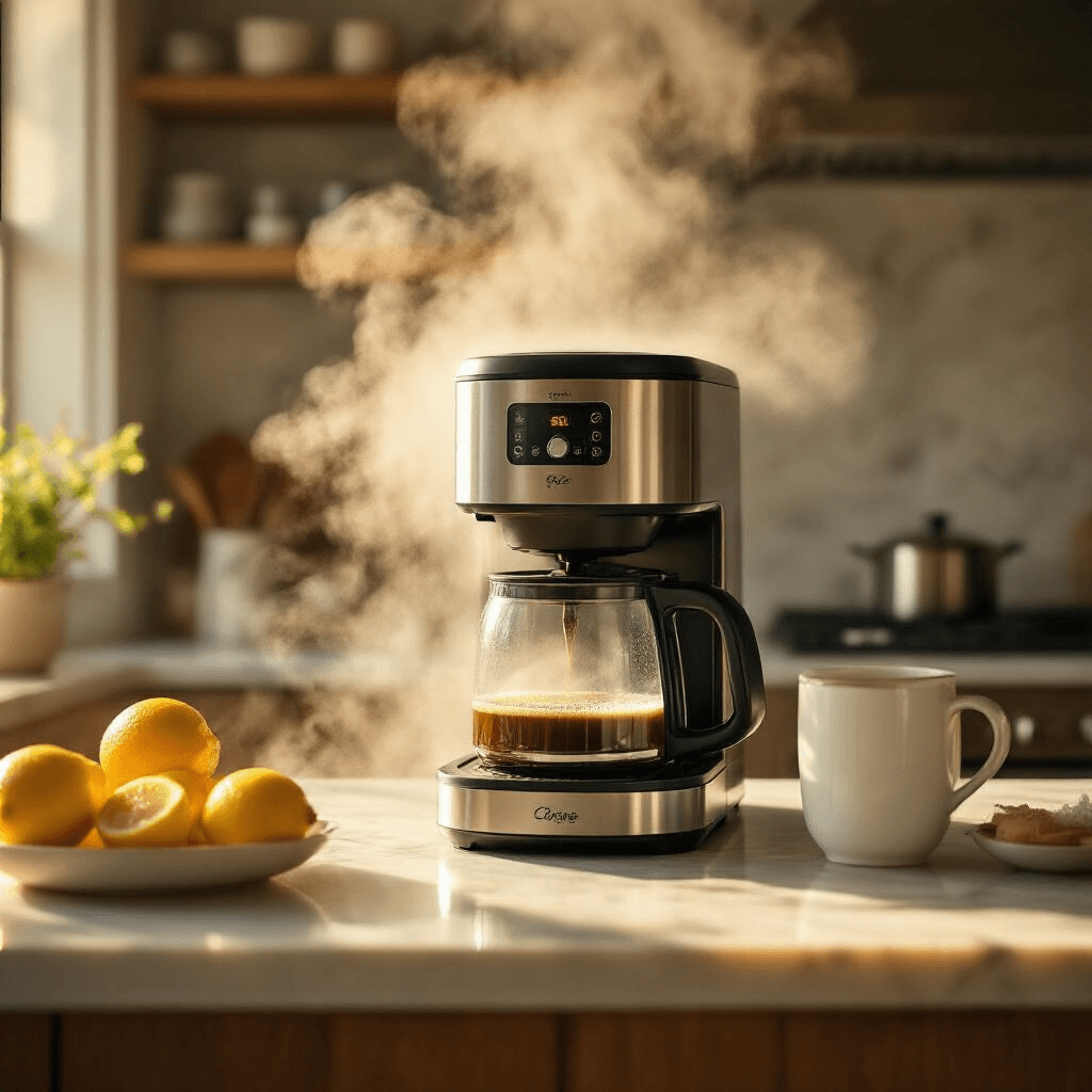 How to Clean Your Coffee Maker with Vinegar: A Comprehensive Guide A modern kitchen is illuminated by warm golden hour light, highlighting a coffee maker in the midst of a cleaning cycle, with steam rising. Clean surfaces display fresh lemons, baking soda, and filtered water, amid smooth marble, matte ceramics, and stainless steel textures, creating a serene atmosphere.
