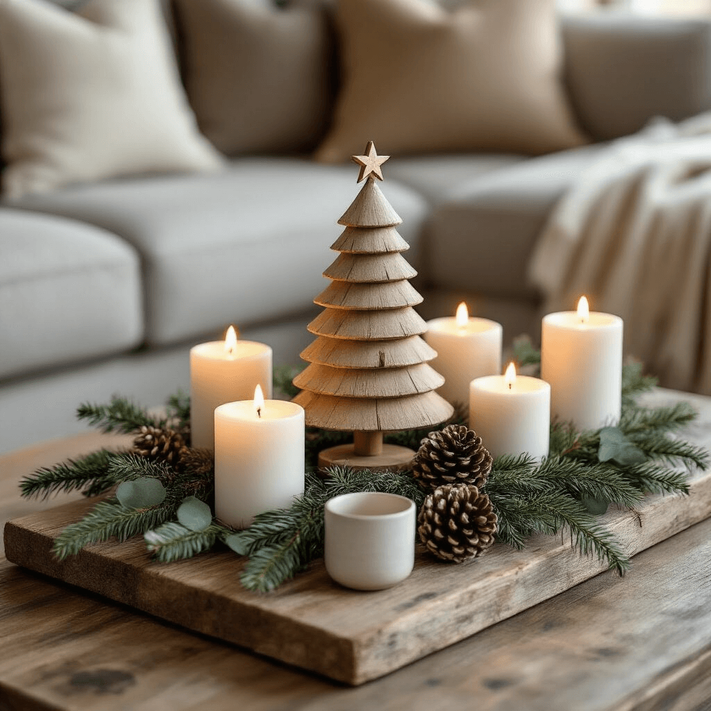 How to Transform Your Coffee Table into a Christmas Wonderland Without Losing Your Mind A minimalist Christmas-themed coffee table featuring a rustic wooden board, a small decorative wooden Christmas tree, soft white LED candles, fresh eucalyptus and cedar sprigs, matte ceramic elements, polished brass accents, and delicate pinecones, all beautifully arranged in warm golden hour light.