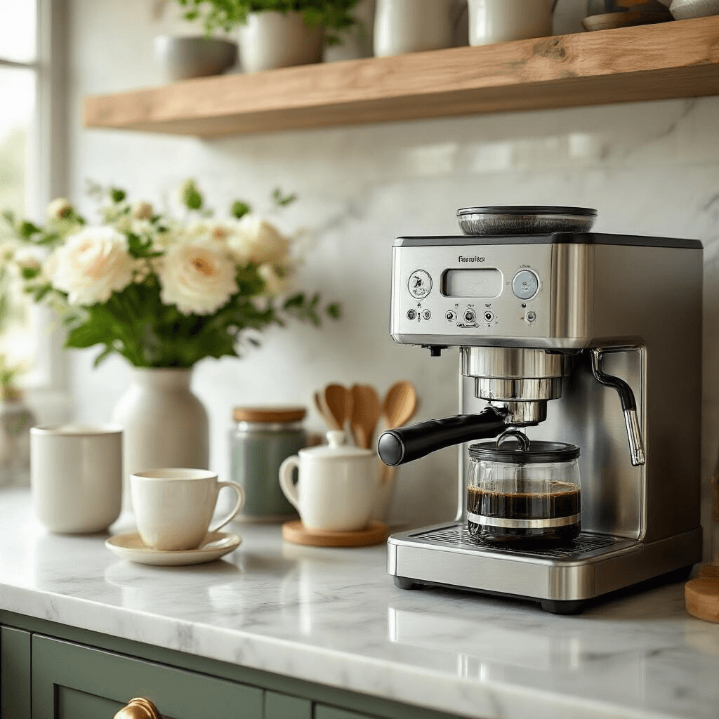 How to Clean Your Coffee Maker with Vinegar: A Comprehensive Guide Wide-angle view of a pristine coffee station featuring a gleaming coffee maker, fresh flowers, organized accessories on marble countertops, and a soft color palette of whites, greens, and golds, highlighting the results of meticulous maintenance.