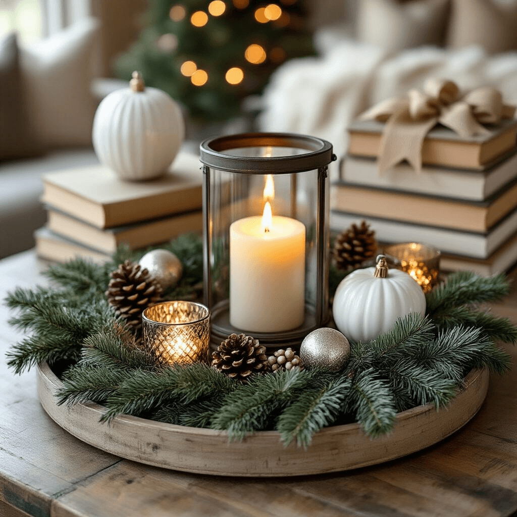 How to Transform Your Coffee Table into a Christmas Wonderland Without Losing Your Mind Modern farmhouse-inspired coffee table adorned with a circular decorative tray, faux pine garland, a hurricane lantern with a flickering candle, vintage books, mercury glass votives, natural wood elements, white ceramic pieces, scattered ornaments, pinecones, and burlap ribbon, captured in a cinematic overhead shot.