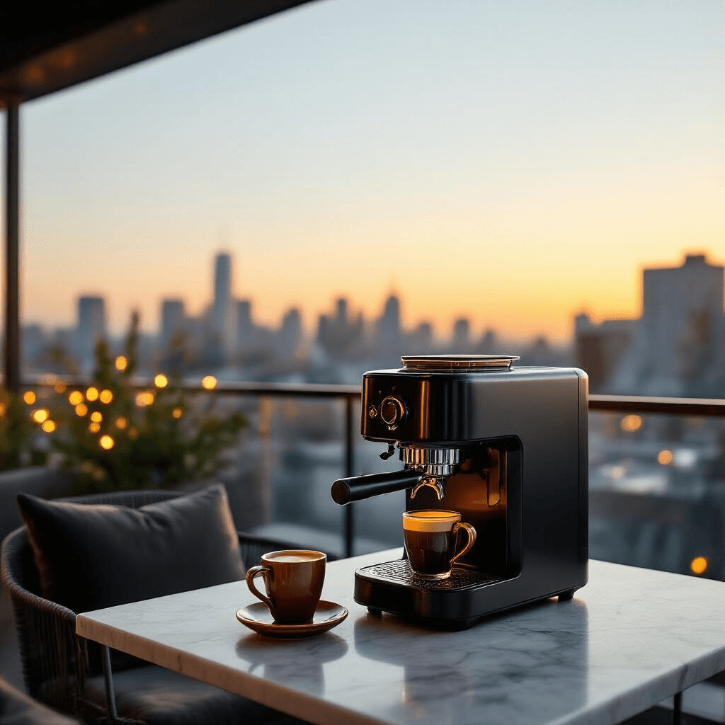 Portable Coffee Makers: Your Ultimate Guide to Brewing On-the-Go Cinematic wide-angle view of a modern rooftop terrace at golden hour, featuring a sleek black portable espresso machine on a marble bistro table, surrounded by minimalist decor and warm amber lighting. The scene includes copper accents, transparent espresso cups, and an urban skyline backdrop with soft bokeh lights, complemented by velvet charcoal cushions on metal chairs.