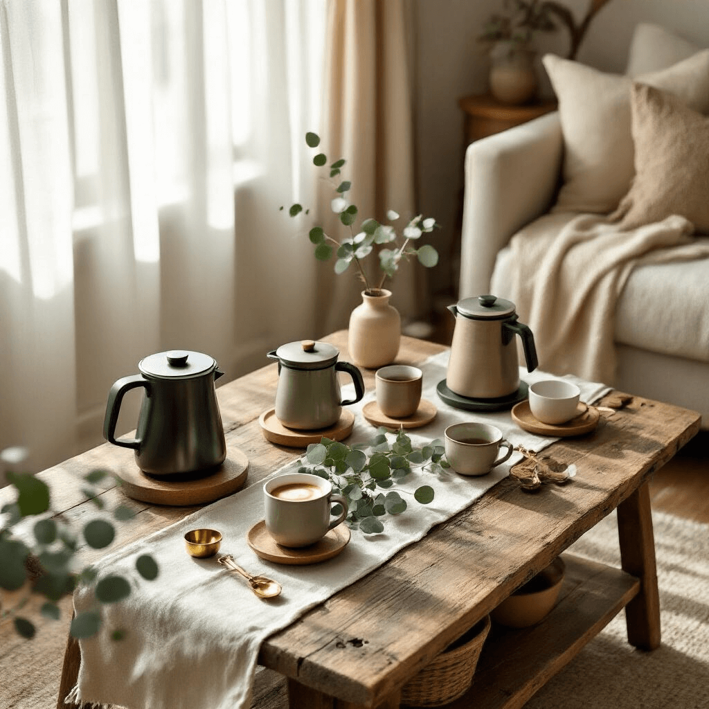 Portable Coffee Makers: Your Ultimate Guide to Brewing On-the-Go Cozy overhead flat lay of a coffee tasting setup in a living room featuring portable coffee makers, linen runners, artisanal ceramics, brass measuring spoons, and fresh eucalyptus amidst warm neutral tones and soft morning light.