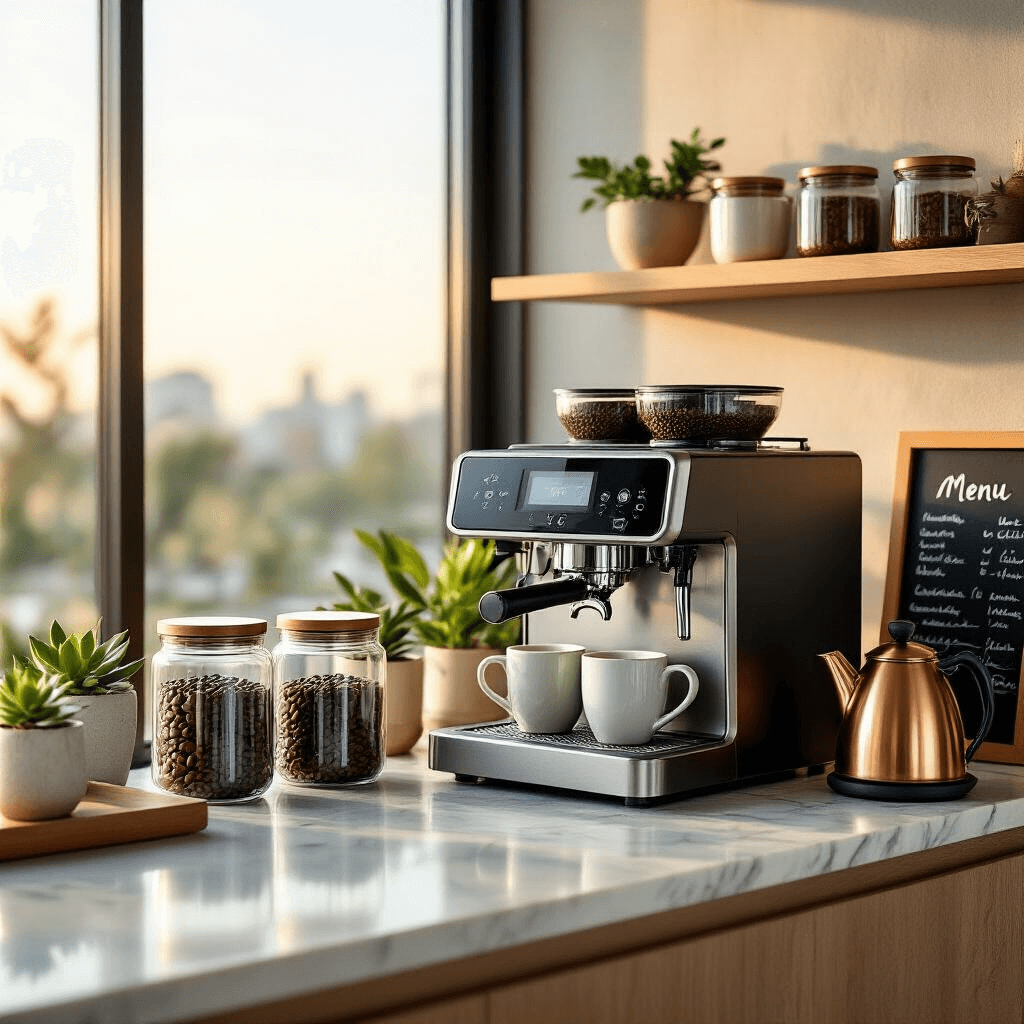 Your Office Needs a Coffee Station—Here's Everything You Need to Know A modern coffee station in a luxurious office, featuring a sleek bean-to-cup machine, marble countertop, glass canisters of coffee beans, a copper kettle, and artisan mugs, all bathed in warm natural light from floor-to-ceiling windows.