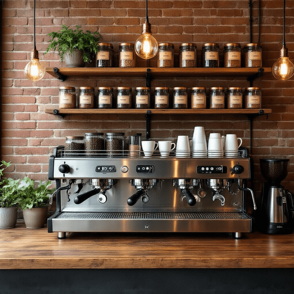 Your Office Needs a Coffee Station—Here's Everything You Need to Know An industrial-chic coffee nook with exposed brick walls, featuring a stainless steel espresso machine on a reclaimed wood counter, floating shelves with labeled coffee bean containers, copper syrup pumps, a milk frother, and a small green plant under warm pendant lighting.