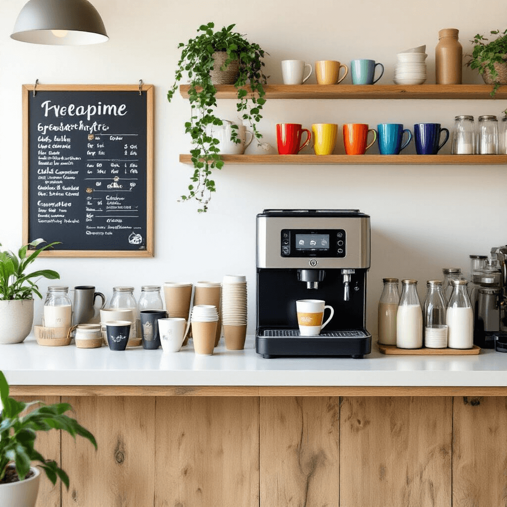 Your Office Needs a Coffee Station—Here's Everything You Need to Know A modern office coffee station featuring a pod coffee machine, colorful mugs, eco-friendly cups, and glass bottles of milk alternatives, all set in a bright space with natural wood and white surfaces, complemented by trailing plants and a playful chalkboard menu.