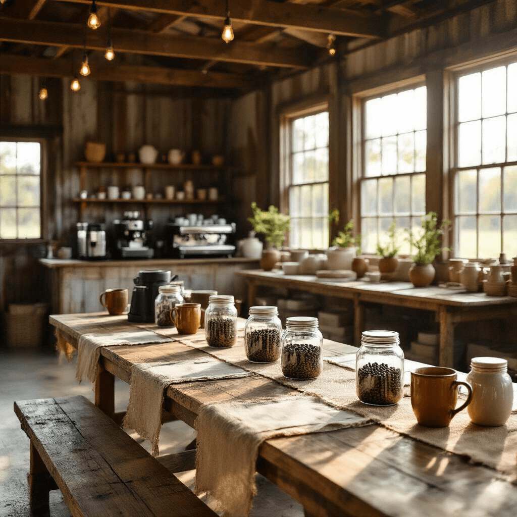 Portable Coffee Makers: Your Ultimate Guide to Brewing On-the-Go Wide-angle view of a rustic barn converted into a coffee workshop venue, featuring long farmhouse tables with burlap runners, mason jar centerpieces filled with coffee beans, and handcrafted ceramic mugs, all illuminated by natural sunlight filtering through vintage windows.