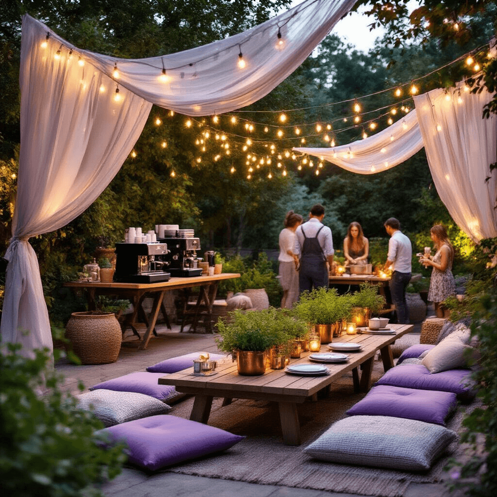 Portable Coffee Makers: Your Ultimate Guide to Brewing On-the-Go Cinematic shot of an enchanting backyard coffee garden party, featuring low picnic tables adorned with lavender and silver woven cushions, illuminated by string lights and surrounded by flowing sheer drapery, with fresh herb centerpieces and vintage copper accents, as guests enjoy espresso brewing demonstrations in a magical evening setting.