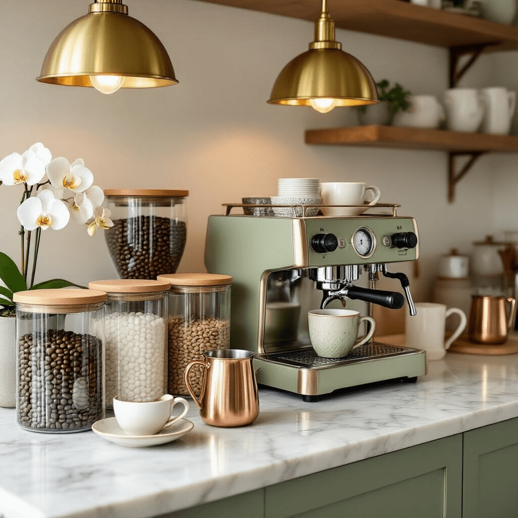 Your Office Needs a Coffee Station—Here's Everything You Need to Know An elegant coffee station featuring a premium espresso machine on a marble countertop, complemented by glass canisters of coffee beans, a copper milk frother, and artisan ceramic pour-over equipment, all illuminated by soft ambient lighting from brass pendant lights.