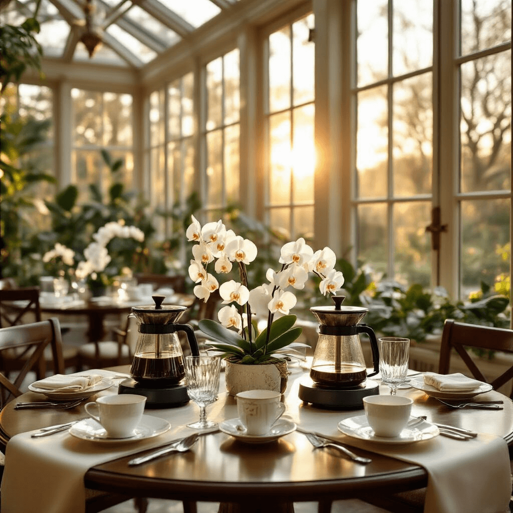 Moccamaster Coffee Maker: The Ultimate Guide for Coffee Lovers Luxurious indoor conservatory set for a morning coffee tasting event, featuring marble-topped tasting stations with Moccamaster brewers, round mahogany tables adorned with fine bone china and crystal glasses, and elegant floral centerpieces, all bathed in golden hour sunlight.