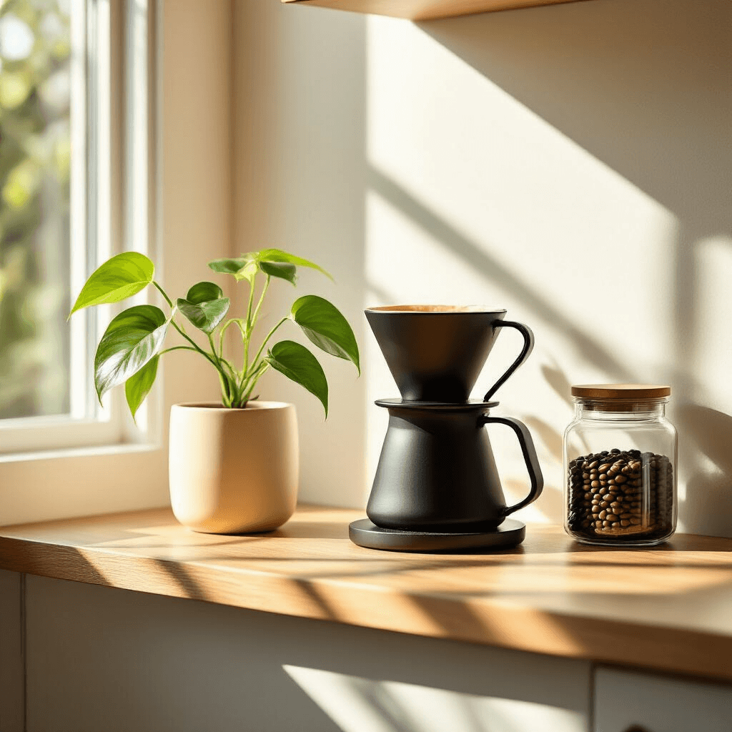 Coffee Corner Ideas for Small Spaces: Transform Your Tiny Nook Into a Perfect Brew Station A minimalist coffee corner in a bright kitchen, featuring a matte black pour-over coffee maker on a natural wood shelf, a pothos plant in a cream pot, and a glass canister of coffee beans, all bathed in soft morning light.