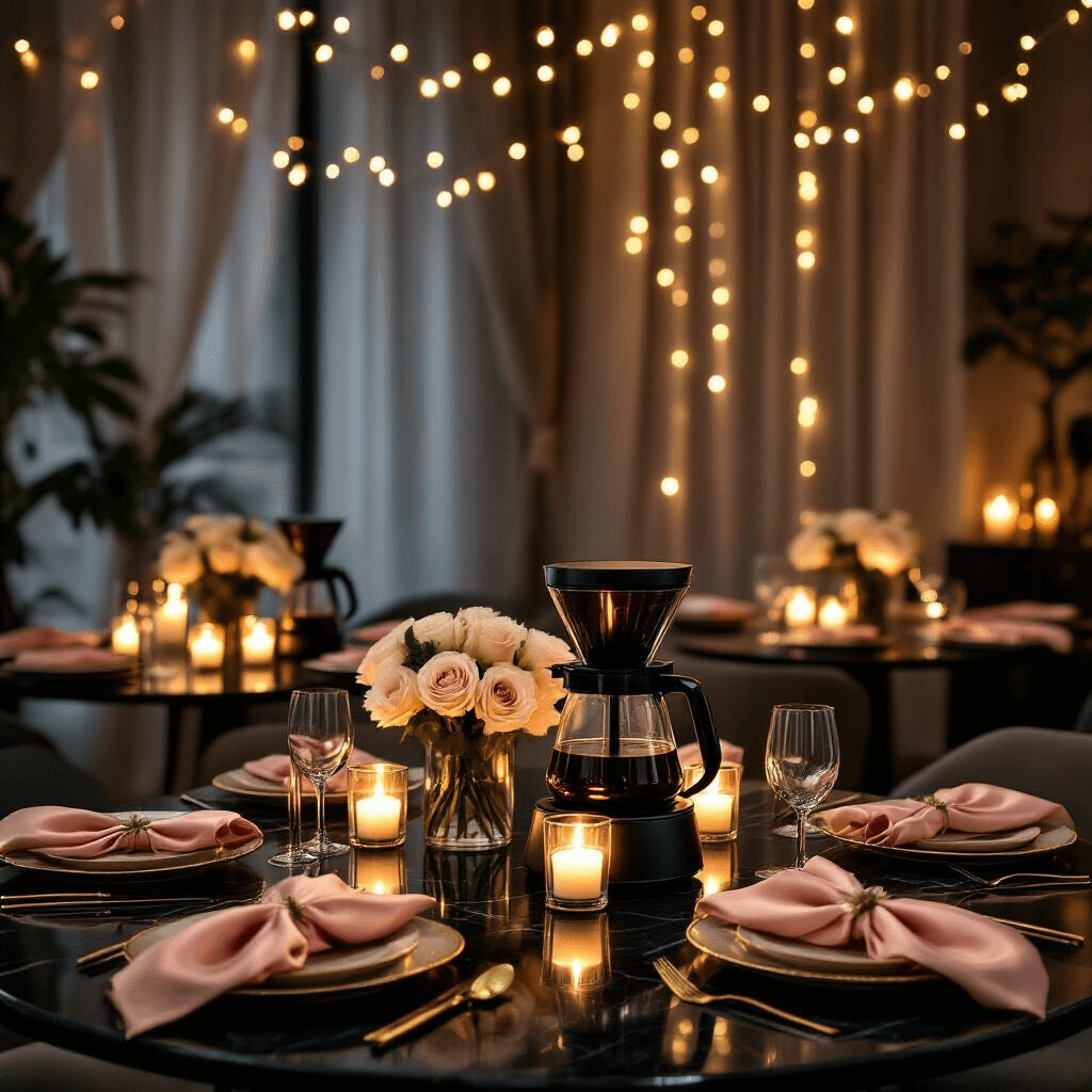Moccamaster Coffee Maker: The Ultimate Guide for Coffee Lovers Elegant dining setup featuring candlelit ambiance, warm fairy lights, black marble countertops with Moccamasters, round glass tables with gold-rimmed coffee cups, blush pink silk napkins, and white rose floral arrangements, all creating a romantic atmosphere in a modern apartment.