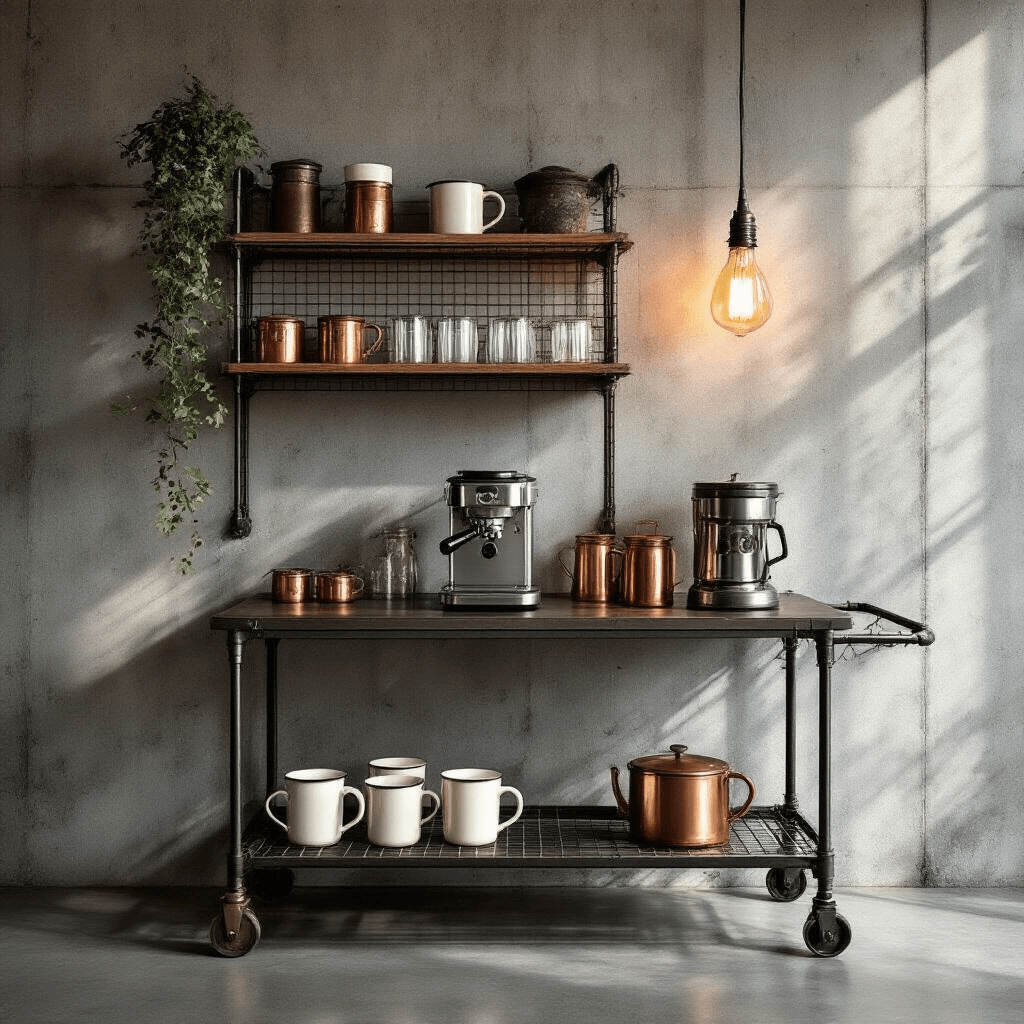 Coffee Corner Ideas for Small Spaces: Transform Your Tiny Nook Into a Perfect Brew Station An industrial coffee station with metal wire shelving against a concrete wall, featuring a vintage bar cart, brushed steel frother, aged enamel mugs, copper accents, and a trailing plant, illuminated by soft overhead lighting.