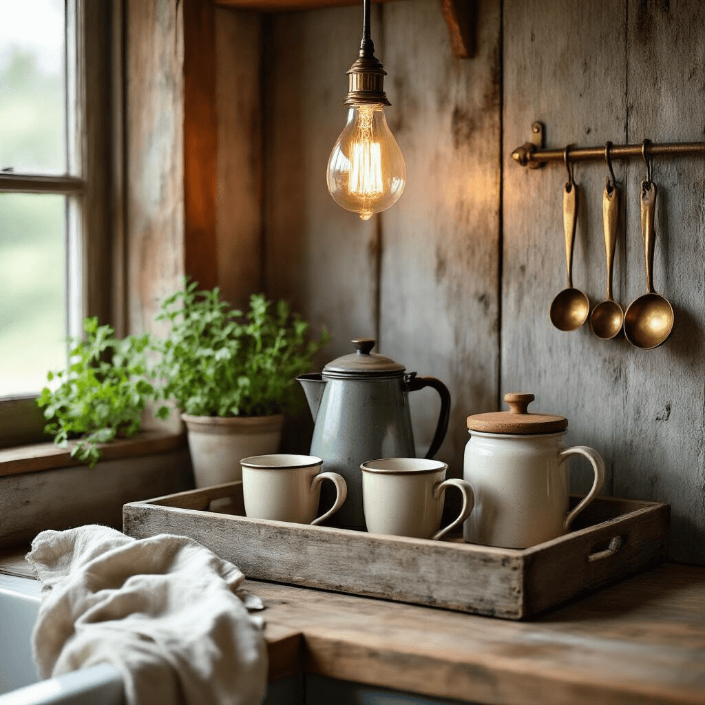 Coffee Corner Ideas for Small Spaces: Transform Your Tiny Nook Into a Perfect Brew Station A cozy farmhouse coffee nook in a kitchen corner, featuring a vintage enamel coffee maker, ceramic bean canister, and mismatched mugs on a weathered wooden tray, illuminated by a warm Edison bulb pendant light, with a small potted herb and casual linen towel adding charm against a distressed wood backdrop.