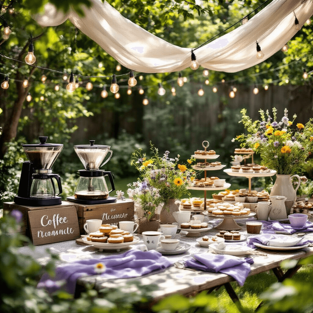 Moccamaster Coffee Maker: The Ultimate Guide for Coffee Lovers A whimsical coffee-themed celebration in a stylish garden, featuring low picnic tables with vintage Moccamasters, coffee-flavored desserts, mismatched ceramic cups, and wildflower centerpieces under dappled sunlight and flowing canopies.