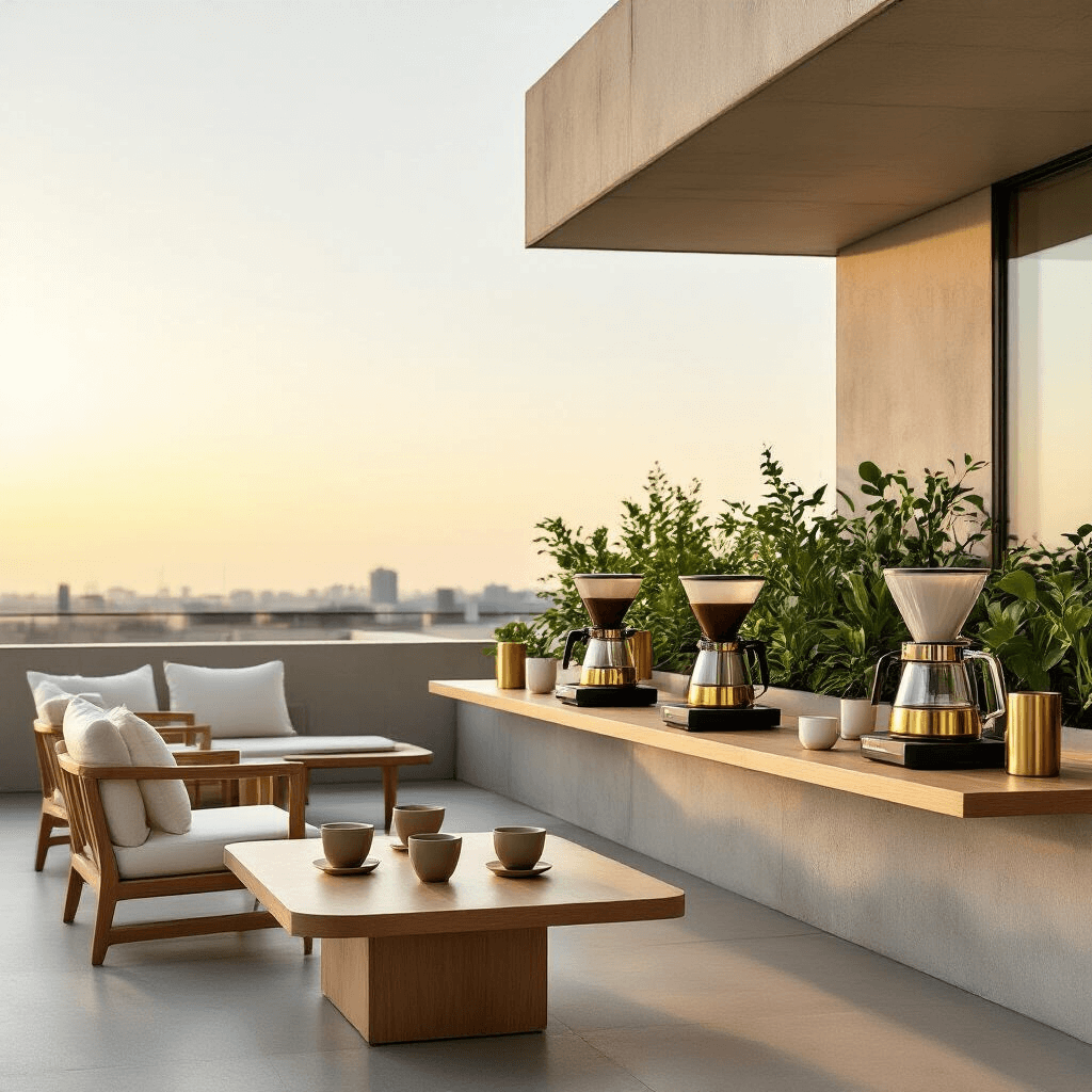 Moccamaster Coffee Maker: The Ultimate Guide for Coffee Lovers A minimalist coffee gathering on a modern rooftop terrace, showcasing sleek concrete and glass Moccamasters on wooden shelves, surrounded by geometric ceramic cups and brass accents, with greenery in planters enhancing the gold and ivory color palette.