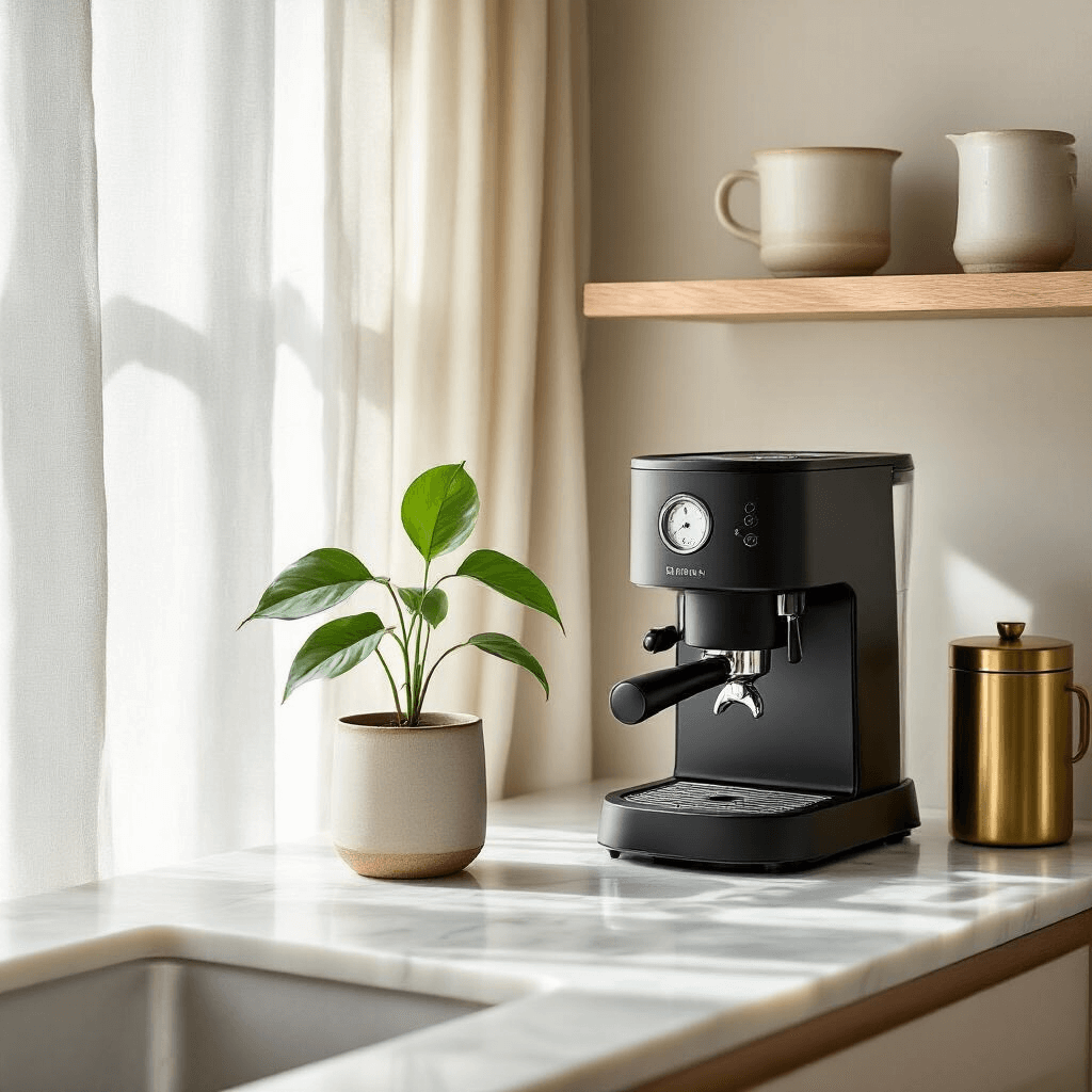 The Coffee Corner Aesthetic: Creating Your Perfect Daily Ritual Space A minimalist coffee corner featuring white marble countertops, soft morning light, a matte black espresso machine on a wooden shelf, a brass coffee canister, a pothos plant in a ceramic pot, and neutral tones of cream and light gray, captured from an overhead angle with arranged brewing tools.