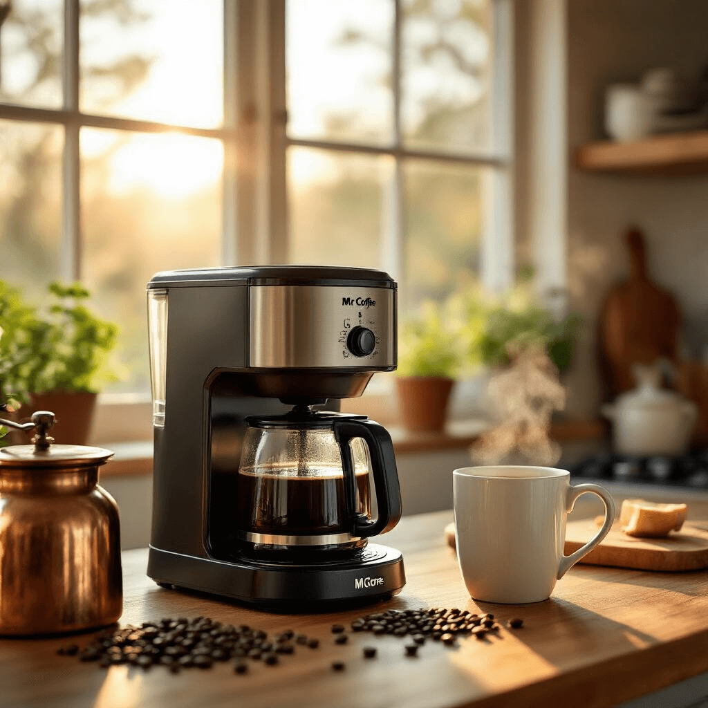 Mr. Coffee Coffee Maker: Everything You Need to Know Before You Buy A cozy kitchen bathed in warm golden hour light, featuring a sleek Mr. Coffee 12-cup programmable coffee maker brewing coffee, rustic wood countertops, scattered fresh ground coffee beans, and a vintage copper grinder, with steam rising from a white ceramic mug amidst blurred potted herbs and a wooden cutting board in soft focus.