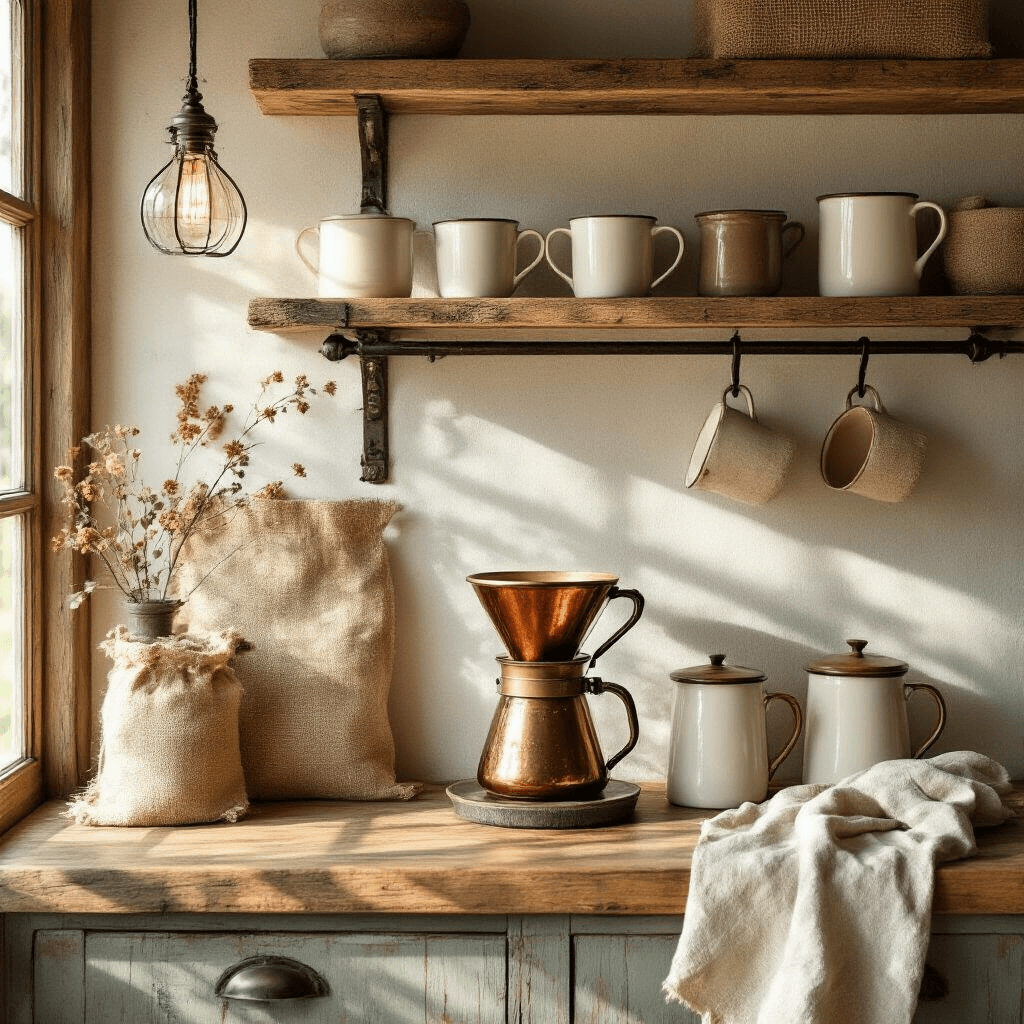 The Coffee Corner Aesthetic: Creating Your Perfect Daily Ritual Space A cozy rustic farmhouse coffee station featuring reclaimed barn wood shelves, warm sunlight illuminating vintage copper pour-over equipment, antique white enamel mugs, burlap coffee sack wall art, and a textured linen towel, showcasing a terracotta and sage color palette.
