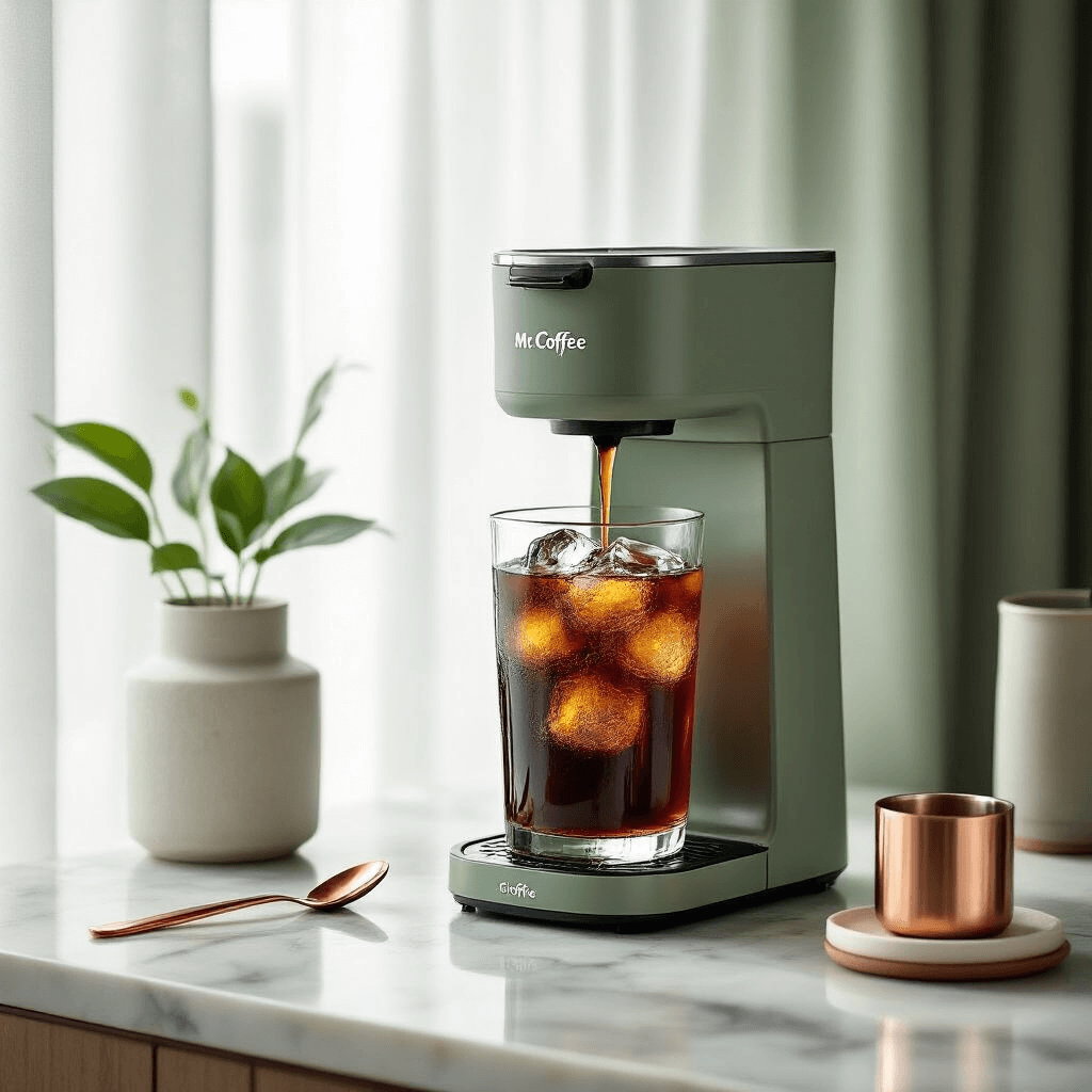 Mr. Coffee Coffee Maker: Everything You Need to Know Before You Buy A modern minimalist home office featuring a Mr. Coffee iced coffee maker brewing over ice in a tall glass on a marble countertop, bathed in soft natural light with subtle sage green and white decor, and scattered coffee accessories.