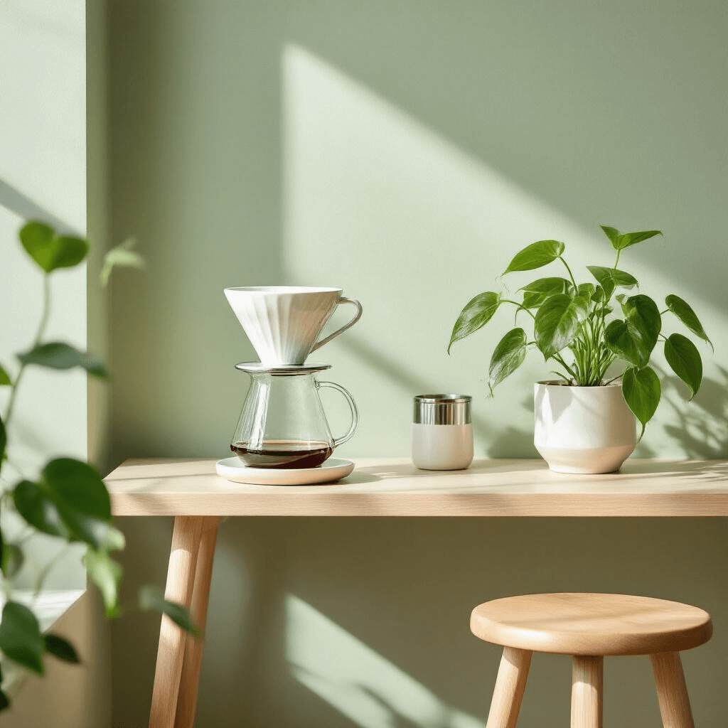 The Coffee Corner Aesthetic: Creating Your Perfect Daily Ritual Space A modern Scandinavian coffee corner featuring light birch wood surfaces, a geometric white ceramic pour-over dripper, a soft sage green wall, minimal chrome accessories, and an indoor trailing philodendron in a simple white planter, with natural sunlight casting soft shadows on a mid-century modern stool.