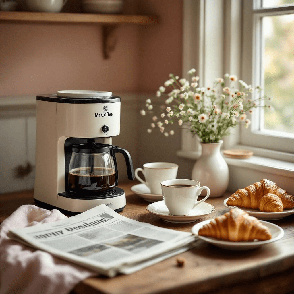 Mr. Coffee Coffee Maker: Everything You Need to Know Before You Buy A cozy breakfast nook featuring a compact Mr. Coffee 5-cup machine brewing coffee on a vintage wooden table adorned with crisp white linens, delicate porcelain cups, and a partially unfolded morning newspaper, complemented by fresh croissants and a small vase of wildflowers. The scene is illuminated by soft ambient light from a nearby window, showcasing a blush pink and cream color palette.