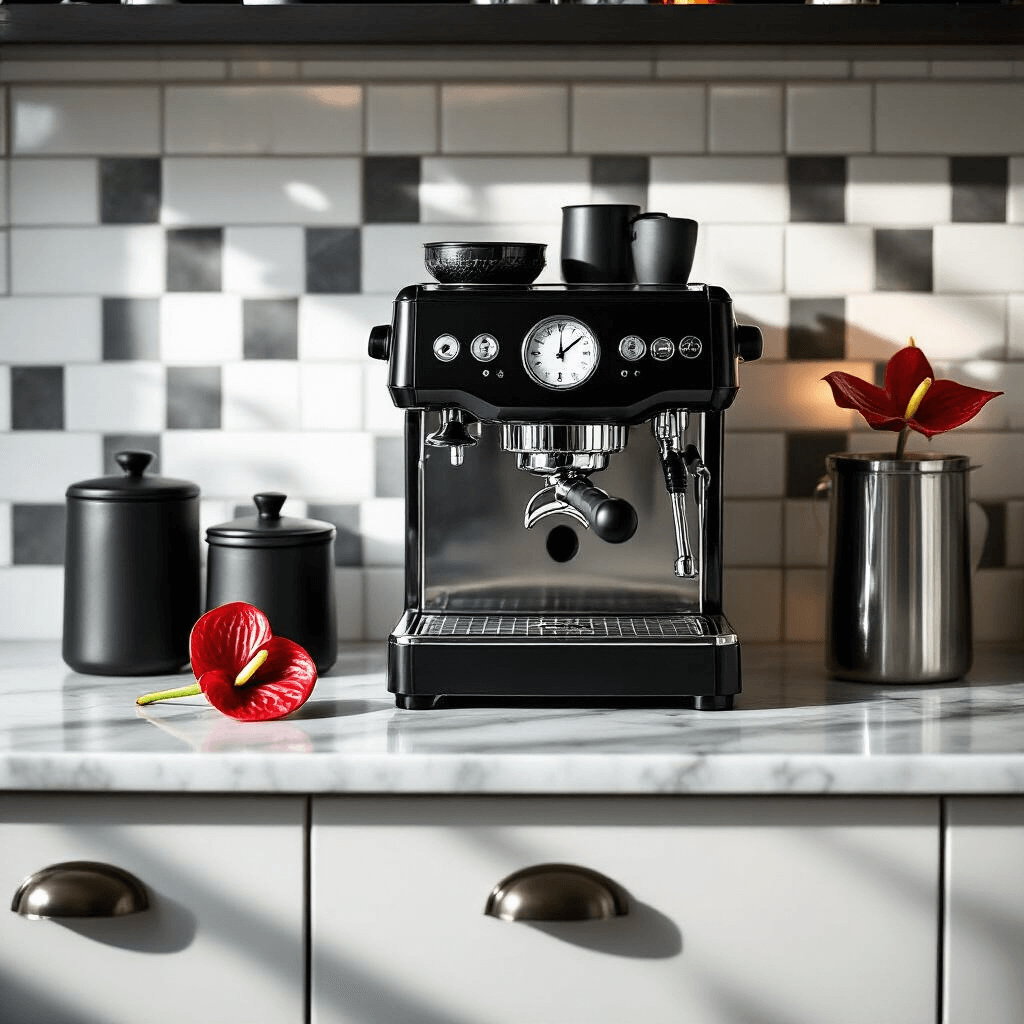 The Coffee Corner Aesthetic: Creating Your Perfect Daily Ritual Space Black and white coffee setup featuring a sleek stainless steel espresso machine against a checkerboard tile backsplash, set on a white marble countertop with chrome accessories and black matte storage canisters, highlighted by a single red anthurium flower; dramatic side lighting casts high contrast shadows, captured from an overhead architectural perspective.