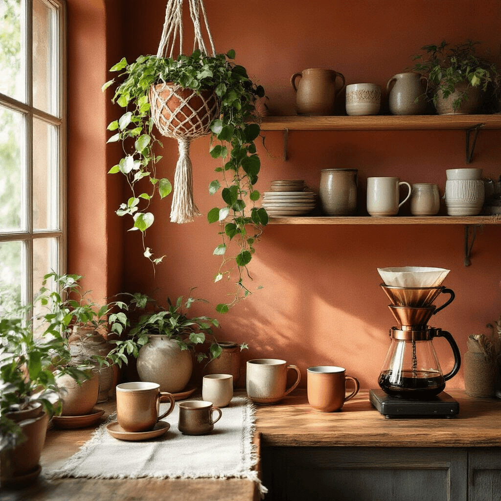 The Coffee Corner Aesthetic: Creating Your Perfect Daily Ritual Space A cozy bohemian-inspired coffee nook featuring open shelving adorned with vintage and modern accessories, a terracotta wall, a macramé plant hanger with trailing pothos, a copper pour-over stand, and a collection of handmade ceramic mugs in earthy tones, all softly illuminated by warm morning light. A textured linen runner adds to the intimate, layered aesthetic.