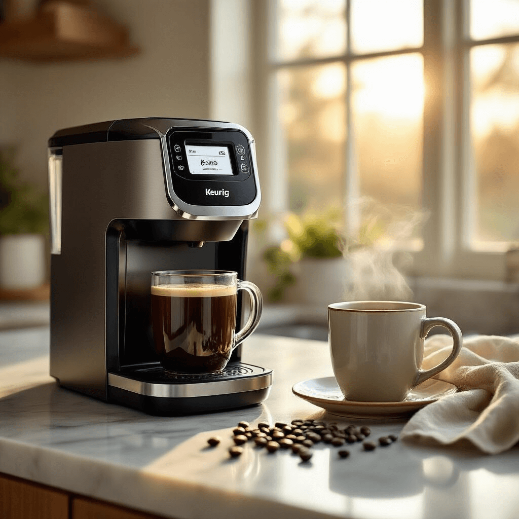 The Best K-Cup Coffee Makers That Won't Let You Down (I've Done the Research) A modern Keurig K-Supreme Plus Smart coffee maker on a marble countertop, bathed in golden morning light, with a steaming cup of coffee, scattered coffee beans, and a linen towel, highlighting the machine's sleek design and touchscreen panel.