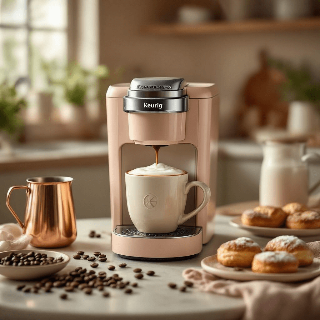 The Best K-Cup Coffee Makers That Won't Let You Down (I've Done the Research) A cozy kitchen scene with a Keurig K-Café Smart coffee maker and milk frother, featuring a perfectly frothed latte in an artisan mug, surrounded by fresh coffee beans, a copper milk pitcher, and pastries, all bathed in warm tungsten lighting.