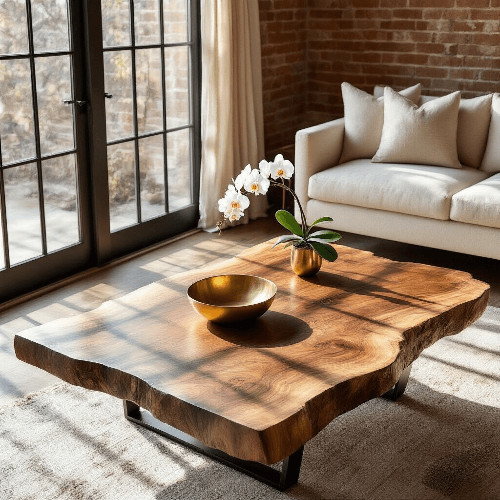 Live Edge Coffee Tables: Everything You Need to Create That Raw, Natural Vibe in Your Living Room A rustic living room featuring a walnut live edge coffee table with a brass bowl and white orchid, sunlit through large windows, with a soft linen sofa and exposed brick wall in the background.