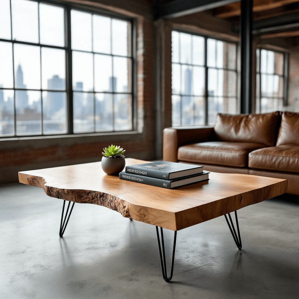 Live Edge Coffee Tables: Everything You Need to Create That Raw, Natural Vibe in Your Living Room An industrial loft with a maple live edge coffee table on hairpin legs, styled with a coffee table book, succulent, and black tray, set against concrete floors and large windows showing an urban skyline, with soft midday light highlighting the wood grain and a minimalist leather sectional in the background.