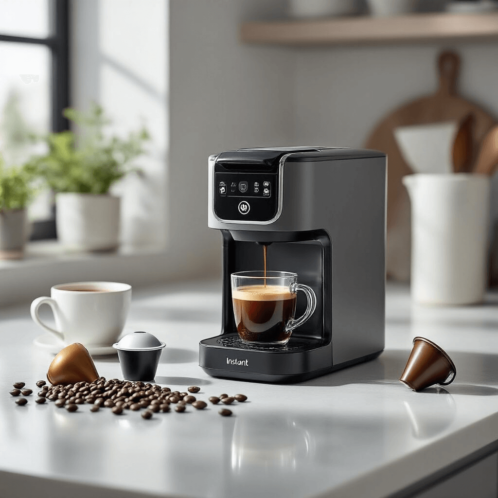 The Best K-Cup Coffee Makers That Won't Let You Down (I've Done the Research) A minimalist kitchen counter featuring the Instant Dual Pod Plus coffee maker in a soft gray and white palette, showcasing K-Cup and Nespresso pods with a perfectly brewed coffee cup and scattered coffee beans, illuminated by cool lighting and highlighting the machine's modern design.