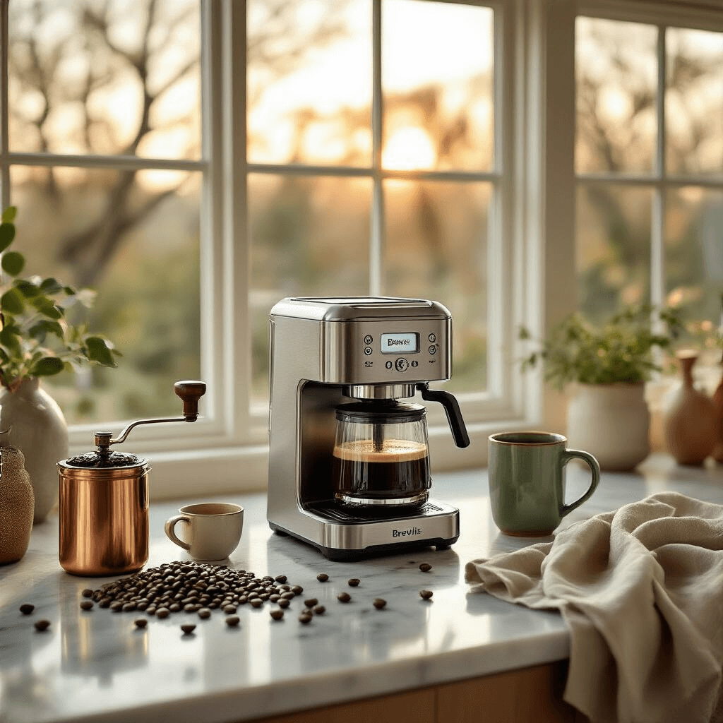 Grind and Brew Coffee Makers Transformed My Mornings (And They'll Transform Yours Too) A luxurious modern kitchen at golden hour with a stainless steel Breville grind and brew coffee maker on a marble countertop, surrounded by coffee beans, a copper burr grinder, and an artisan ceramic mug. Natural light streams in through large windows, highlighting terracotta and sage green accents, and soft linen kitchen towels elegantly draped nearby.