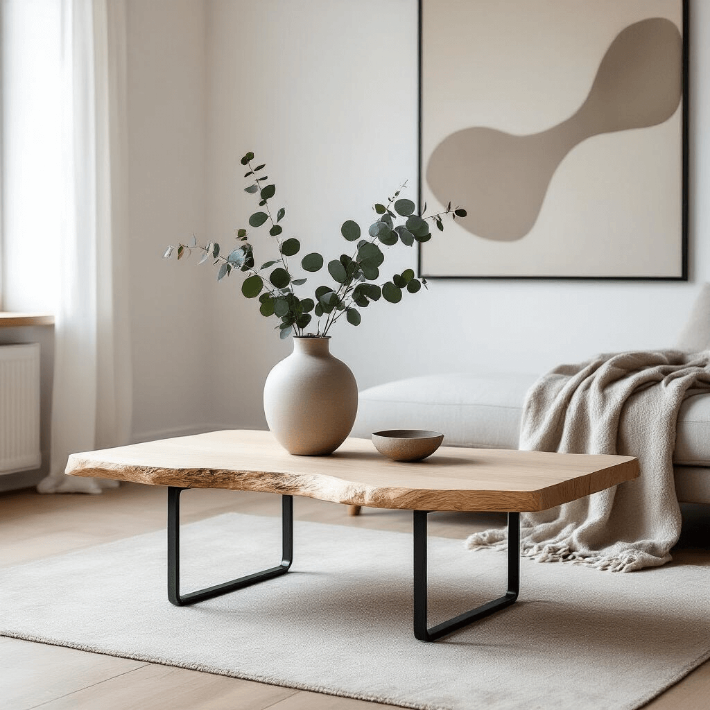 Live Edge Coffee Tables: Everything You Need to Create That Raw, Natural Vibe in Your Living Room A modern Scandinavian-inspired living room featuring a delicate live edge coffee table in light ash wood with U-shaped matte black metal legs, styled with a ceramic vase of eucalyptus and a soft throw, illuminated by soft natural light.