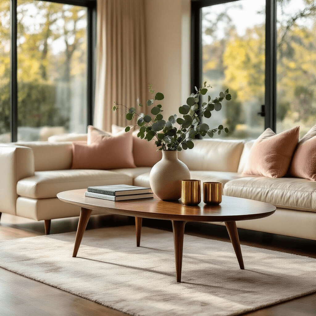 Oval Coffee Tables: The Perfect Blend of Style and Safety for Your Living Room A luxurious mid-century modern living room with a walnut oval coffee table styled with an art book, a ceramic vase, and brass candleholders, featuring a cream leather sectional sofa with textured pillow accents, all bathed in soft golden hour light, with floor-to-ceiling windows overlooking a blurred garden.