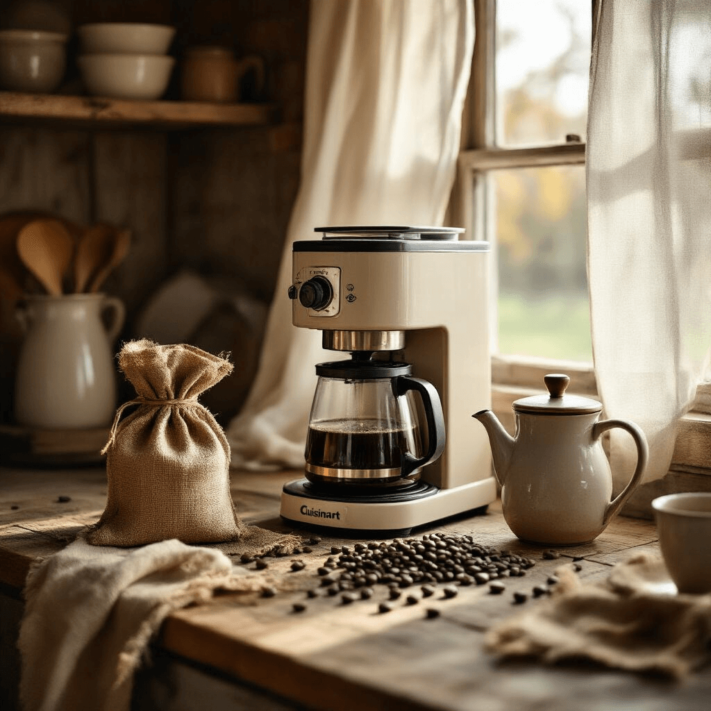 Grind and Brew Coffee Makers Transformed My Mornings (And They'll Transform Yours Too) An intimate morning scene in a rustic farmhouse kitchen featuring a vintage Cuisinart grind and brew machine, soft morning light filtering through linen curtains, and decorative elements like a ceramic French press, burlap coffee bag, and scattered coffee beans, all in warm blush and cream tones.
