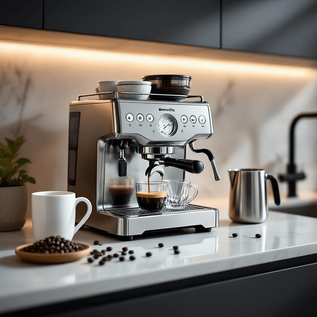 Grind and Brew Coffee Makers Transformed My Mornings (And They'll Transform Yours Too) A high-end espresso setup featuring the Breville Barista Pro machine on a sleek white quartz countertop, surrounded by chrome and steel accessories, dramatic lighting highlighting sharp shadows, and dark roasted coffee beans scattered around, all presented in a minimalist urban apartment.